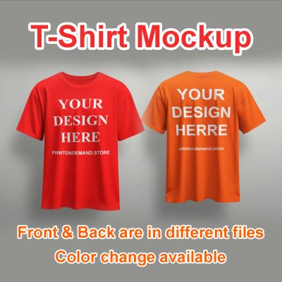 A t-shirt mockup of the front and back is available.